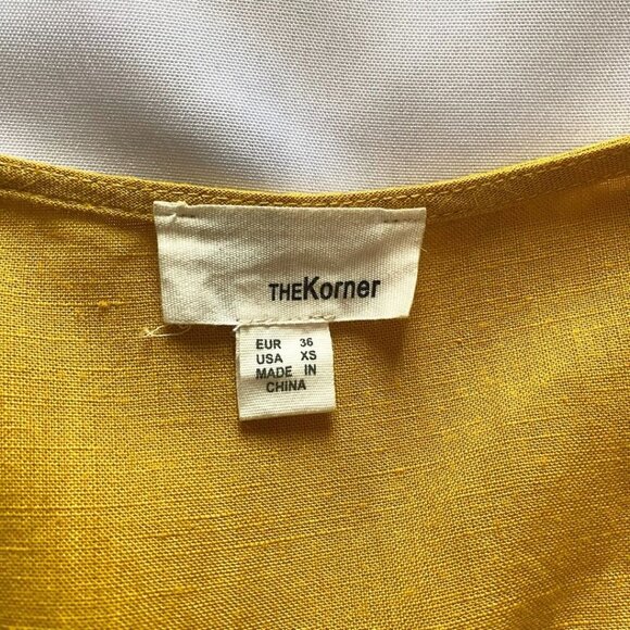 THE KORNER MUSTARD YELLOW SURPLICE LINEN BLEND EMPIRE WAIST MIDI DRESS - XS - Picture 6 of 10